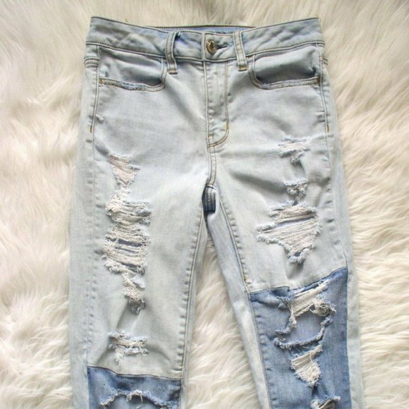 AE - Hi Rise Distressed Jeggings Two Tone Denim - Picture 4 of 10